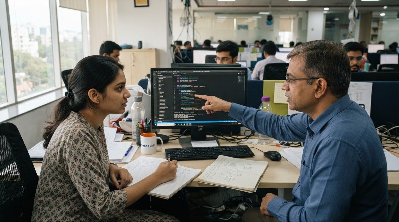 A mentor reviewing a learner's work line by line